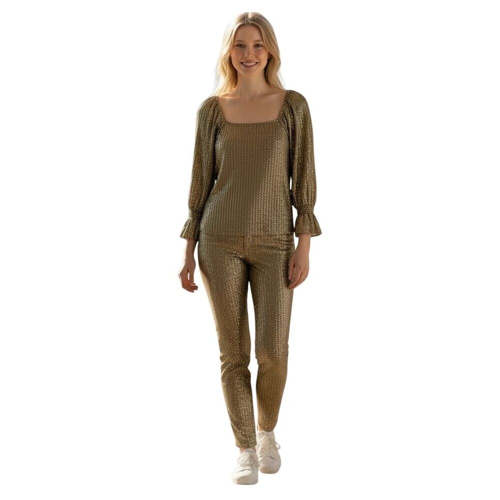 Bellini Women's S Gold Metallic Blouse Square Neck Smocked Long Sleeve